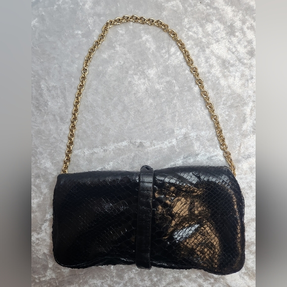 Henri Bendel Black Snake Leather Gold Chain Shoulder Clutch Bag - Picture 4 of 8